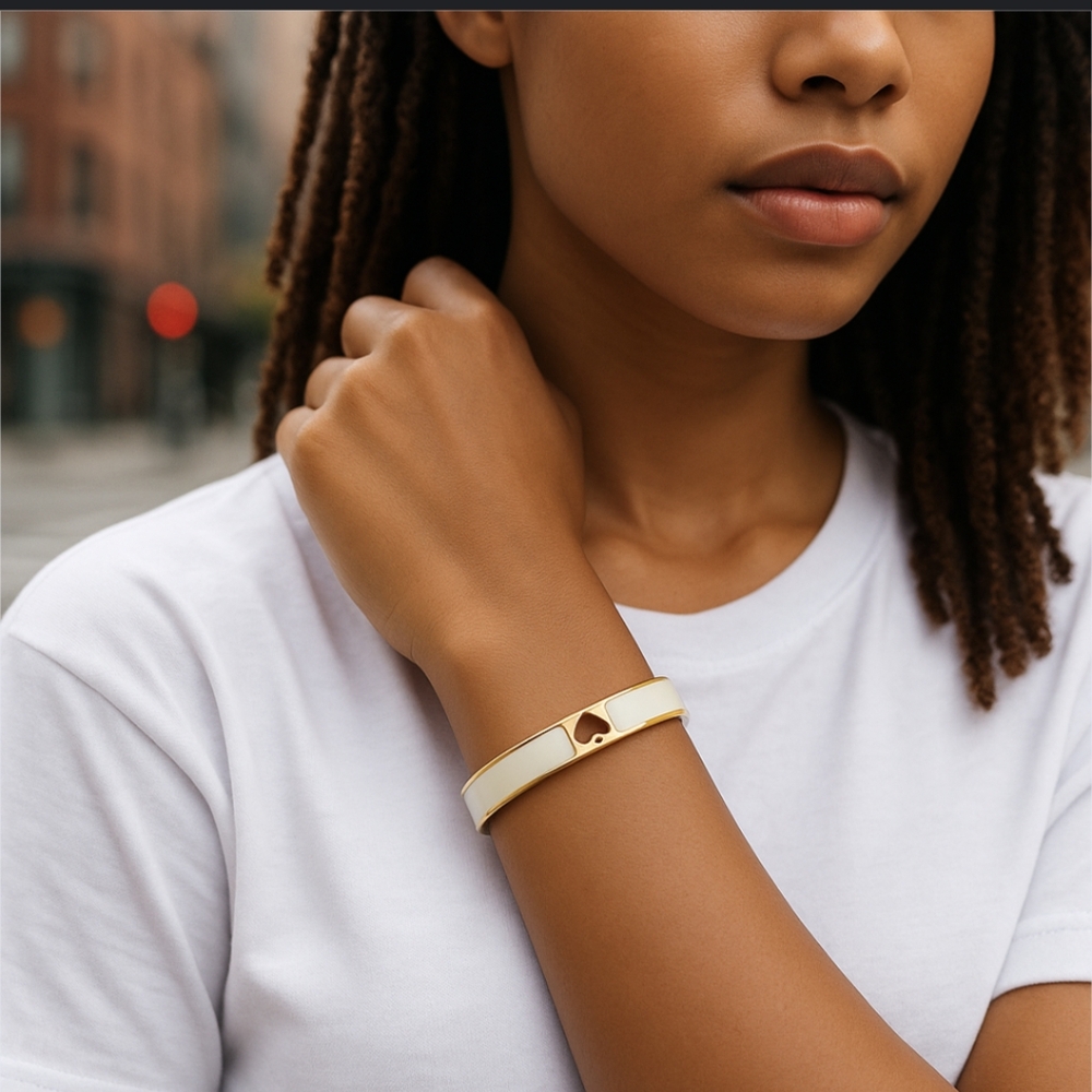 Kate Spade Off White Enamel & Gold Tone Logo Hinged Bangle Bracelet